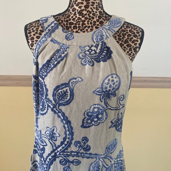 J. McLaughlin Women's Linen Blue Leaf Motif Summer Halter Dress Size Large K15 - Picture 2 of 5